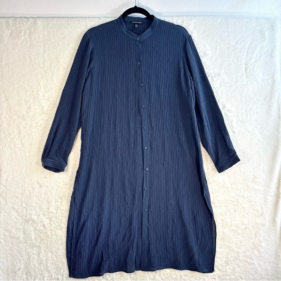 Eileen Fisher Accordion Silk Jacquard Mandarin Collar Long Shirt Medium Blue - Picture 2 of 10